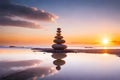 Stack Of Zen Stones On Pebble Beach At Sunset. Post-Processed. Generative AI Royalty Free Stock Photo
