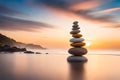 Stack Of Zen Stones On Pebble Beach At Sunset. Post-Processed. Generative AI Royalty Free Stock Photo