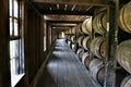 Stacked aging whiskey, scotch, bourbon barrels in Kentucky