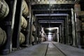 Stacked aging whiskey, scotch, bourbon barrels in Kentucky