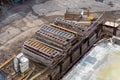 Stacked aluminum formwork at a construction site. Cast concrete in the construction of buildings. Casting concrete into