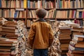 Stacked Back view kid pile books. Generate Ai Royalty Free Stock Photo