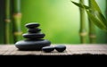 stacked black stones next to bamboo and lily pads, in the style of minimalist backgrounds