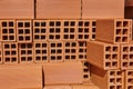 Stacked block bricks. Construction industry. Brickwork masonry