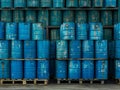 Stacked Blue Industrial Barrels on Pallets