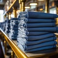 Stacked blue napkins on a table with traditional craftsmanship