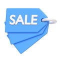Stacked blue sale tags with raised white SALE lettering, isolated on a white background
