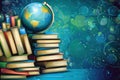 Stacked books with globe illustrating the theme of global education and know Royalty Free Stock Photo