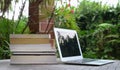 Stacked of books next to computer laptop. Garden view