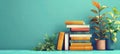 Stacked books with plant foliage on green backdrop. Serene illustration of books with leaves. Concept of learning Royalty Free Stock Photo