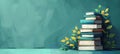 Stacked books with plant foliage on green background. Serene illustration of books with leaves. Concept of learning Royalty Free Stock Photo