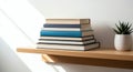 Stacked Books and Succulent Plant on Wooden Shelf with Dramatic Sunlight Shadows Royalty Free Stock Photo