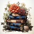 Stacked Books Surrounded by Gothic Flowers and Game of Thrones Style Items AI Generated