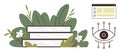Books with Plants, Eye Symbol, and Digital Elements Representing Learning and Knowledge Royalty Free Stock Photo