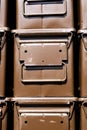 Stacked brown ammunition boxes Royalty Free Stock Photo