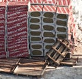 Stacked building materials thermal insulation in construction site at winter