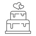 Stacked cake thin line icon, dessert and love, valentine cake sign, vector graphics, a linear pattern on a white