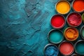 Stacked cans of paint on blue background, automotive fluid inspiration Royalty Free Stock Photo