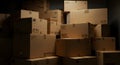 Stacked Cardboard Shipping Boxes in a Dim Warehouse Royalty Free Stock Photo
