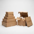 Stacked cardboard boxes with one open box filled with packing materials and styrofoam Royalty Free Stock Photo