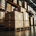 Stacked cardboard boxes on pallets in a warehouse storage space Royalty Free Stock Photo