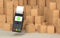 Stacked cardboard boxes with POS machine, 3d rendering