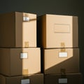 Stacked cardboard boxes with taped labels are lit by sunlight, creating distinct shadow Royalty Free Stock Photo