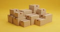 Stacked Cardboard Boxes of Various Sizes on a Bright Yellow Background packaging shipping Royalty Free Stock Photo