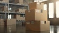 Stacked cardboard boxes in a warehouse setting. Bright windows illuminate the space, highlighting the organized storage Royalty Free Stock Photo