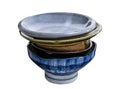 Stacked ceramic plates and bowls, Empty ceramics plates and bowls isolated on white background with clipping path, Side view Royalty Free Stock Photo