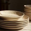 Stacked ceramic plates with textured edges, featuring delicate dot and wave patterns Royalty Free Stock Photo