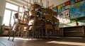 Stacked Chairs in an Empty Classroom at the End of the School Year Royalty Free Stock Photo
