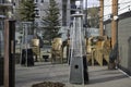 Stacked Chairs and tables in outside patio - Resturant closed due to Covid- 19 Royalty Free Stock Photo