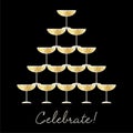 Stacked champagne glasses celebrate graphic