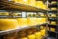 stacked cheese rounds in a climate-controlled room