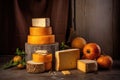 stacked cheese wheels with cellar brick background