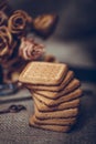 Stacked chip cookies on brown napkin. Symbolic image. Stack of biscuits concept for a tasty snack. Sweet dessert
