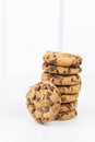 Stacked choco biscuits on the grey marble table Royalty Free Stock Photo