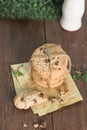 Stacked chocolate chip cookies with milk bottle on wooden table. Royalty Free Stock Photo