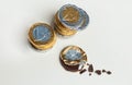 Stacked chocolate euro coins, investment concept