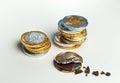 Stacked chocolate euro coins, investment concept