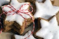 Stacked cinnamon stars packed with red and white ribbons