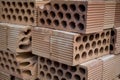 Stacked clay bricks for building construction