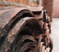 Stacked clay tiles in a house with brick walls for traditional roof construction