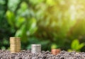 Stacked coin on soil. Royalty Free Stock Photo