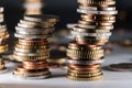 Stacked Coins of Euros, all Euro coins piled up and tilting to the right Royalty Free Stock Photo