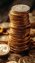 Stacked Coins Glisten Under Soft Lighting Showcasing Wealth and Richness in a Tranquil Setting Royalty Free Stock Photo
