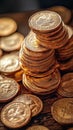 Stacked Coins Glisten Under Soft Lighting Showcasing Wealth and Richness in a Tranquil Setting Royalty Free Stock Photo