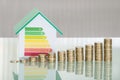 Stacked Coins And House Model Showing Energy Efficiency Rate Royalty Free Stock Photo