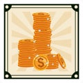 Stacked coins icon on vintage striped frame